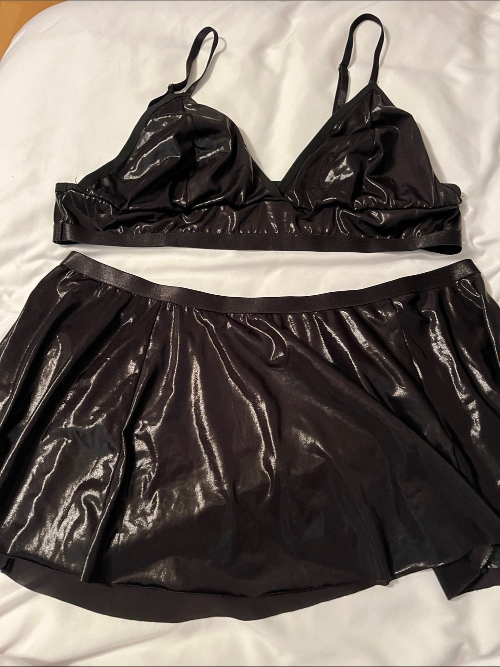 Shiny Black Two-Piece Bralette and Skirt Set